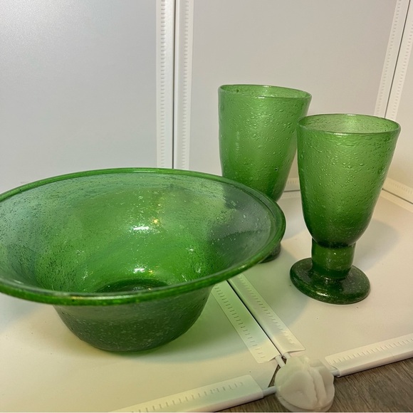 Vintage Green Herati Afghanistan Hand Blown Glass 3 Piece Dinnerware Rare - Picture 1 of 9